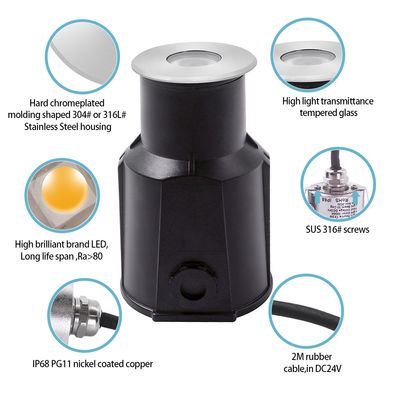 Mini Recessed 1W 2W LED Underground Pool Light IP68 3000k 12V / 24V DC