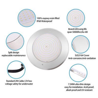 LED Underwater Swimming Pool Light IP68 Super Thin 7.5mm AC12V 316 Stainless Steel RGBW SMD With Remote