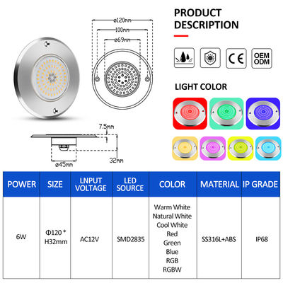  RGB Ultra Slim IP68 Swimming Pool Lighting LED SS316 Housing Integrated Type SMD2835 6W