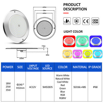 Underwater Led Swimming Pool Lights 316 Stainless Steel 25W Smd2835 Resin Filled Rgb 3000K