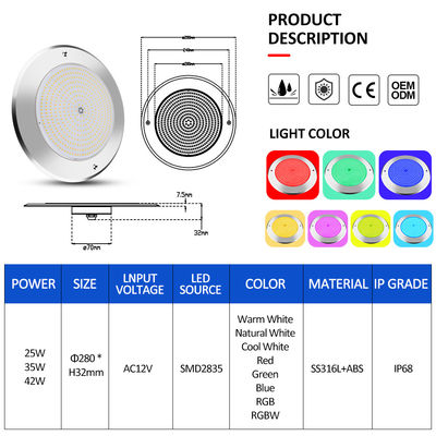 Underwater Led Swimming Pool Lights 316 Stainless Steel 25W Smd2835 Resin Filled 3000K RGB Swimming Pool Lamp SMD 2835 AC 12v IP68 Full Waterproof
