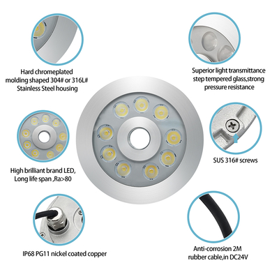Joyful Partner Stainless Steel IP68 Waterproof DC24V 18W RGB DMX Underwater LED Fountain Light