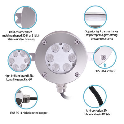 Joyful Partner 6W 9W 24V DMX Control Stainless Steel IP68 Underwater RGB Fountain Lights