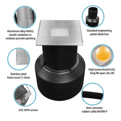 LED Underground Lights 3W Square Shape 304 or 316 Stainless Steel 45*45MM Frame Aluminium Die Cast Body