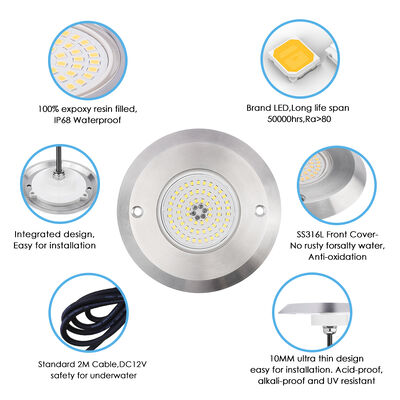 Led Pool Lights DC12V 42W 10MM Thickness Integrate SMD 2835 RGB Color Changing Resin Filled With Stainless Steel Material